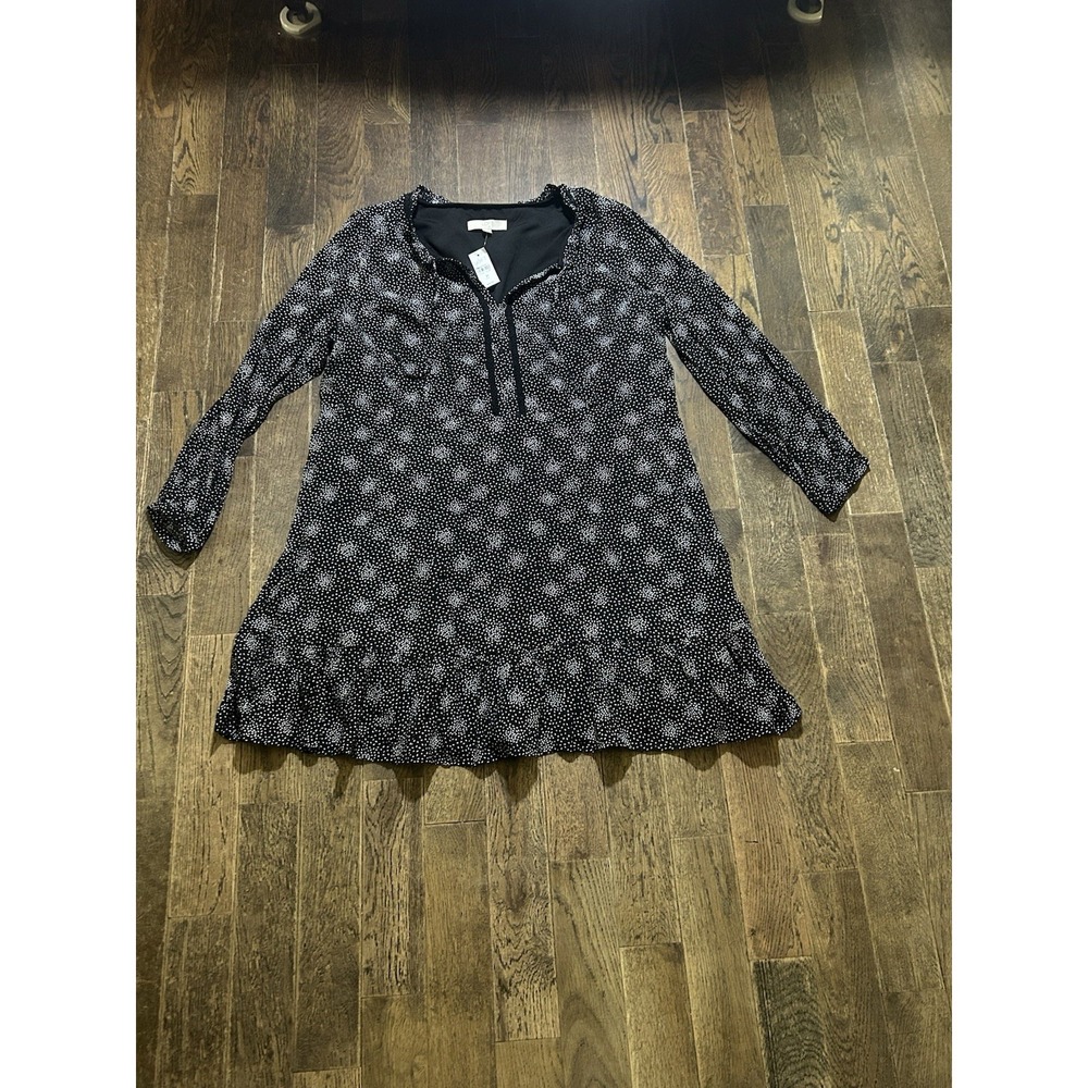 LOFT Black White Polka‎ Dot Ruffle Neck Mini Dress Long Sleeve Size 20 Boho NWT